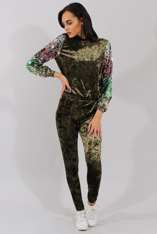 Khaki Crushed Velvet Sequined Tracksuit - Rosita