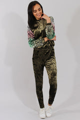 Khaki Crushed Velvet Sequined Tracksuit - Rosita