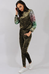 Khaki Crushed Velvet Sequined Tracksuit - Rosita
