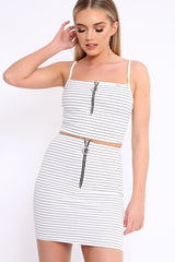 White Stripe Ring Zip Front Mini Skirt And Bralet - Rosi