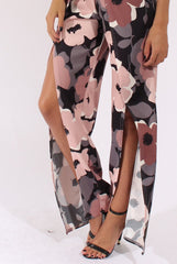 Floral Print Bandeau Choker Split Detail Jumpsuit - Rosy