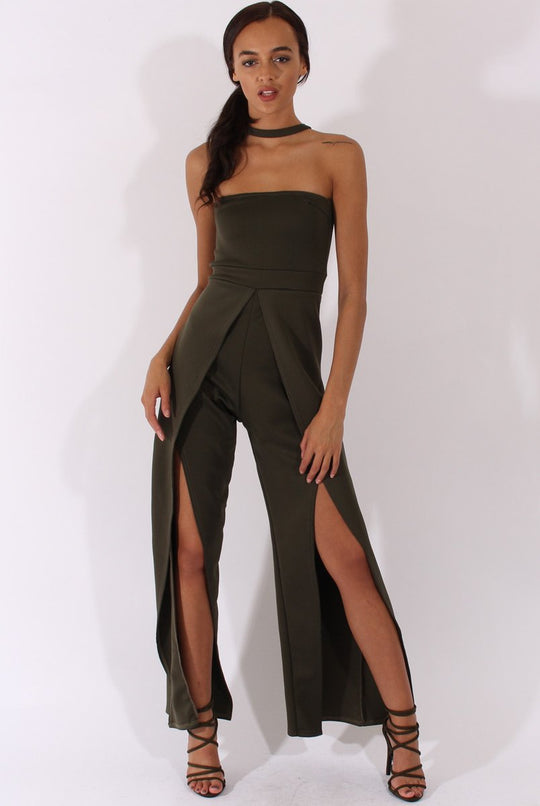 Khaki Bandeau Choker Split Detail Jumpsuit - Rosy