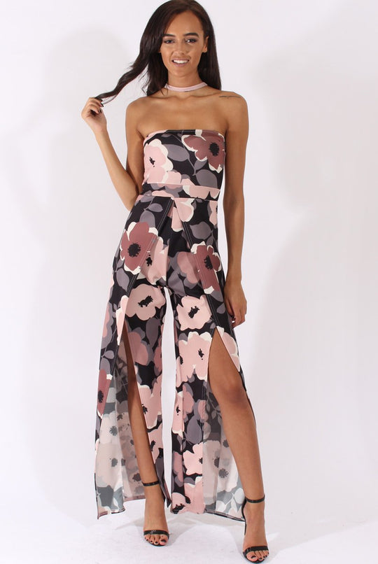 Floral Print Bandeau Choker Split Detail Jumpsuit - Rosy