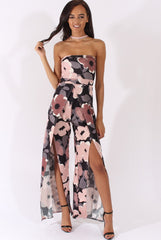 Floral Print Bandeau Choker Split Detail Jumpsuit - Rosy