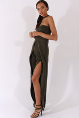 Khaki Bandeau Choker Split Detail Jumpsuit - Rosy