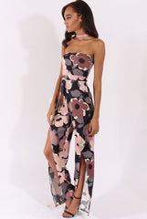 Floral Print Bandeau Choker Split Detail Jumpsuit - Rosy