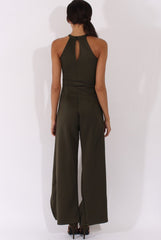 Khaki Bandeau Choker Split Detail Jumpsuit - Rosy
