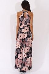 Floral Print Bandeau Choker Split Detail Jumpsuit - Rosy