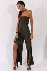Khaki Bandeau Choker Split Detail Jumpsuit - Rosy