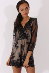 Black Mesh Layer Sequin Playsuit - Rowan