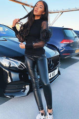 Black Ruched Detailed Puff Sleeves Ribbed Top - Taliya