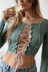Sage Lace Up Contrast Stitch Long Sleeve Crop Top - Mitzi