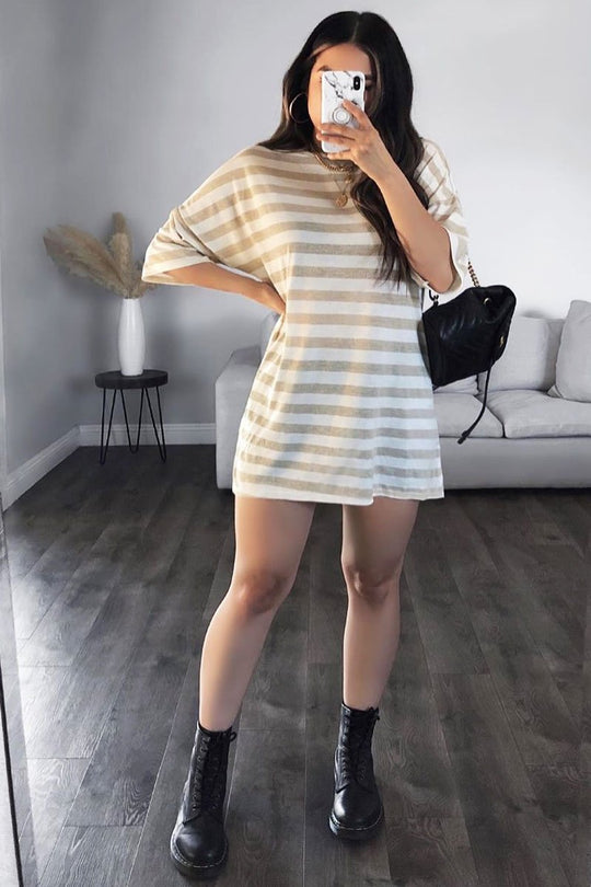 White Gold Striped T-shirt Dress - Hanaa