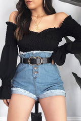 Light Denim High Waist Frilled Hem Paperbag Shorts - Raivyn