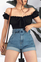 Black Ruffle Tie Front Bardot Crop Top - Pandora