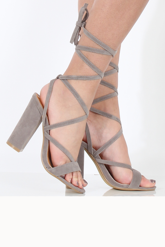 Grey Suede Lace Up Block Heels - Ruby