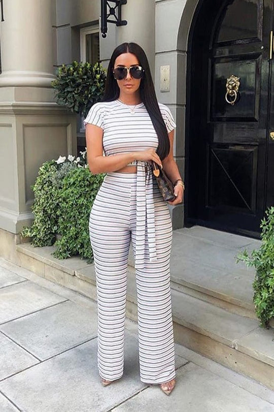 White Stripe Rib Tie Front Top Wide Leg Trouser Co-Ord - Lottie