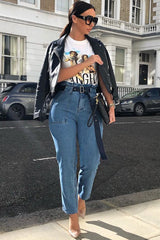 Light Wash Eyelet Belted Paper Bag Mom Jeans - Myli