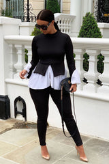 Black Ribbed Flared Shirt and Leggings Co-ord - Aafiya