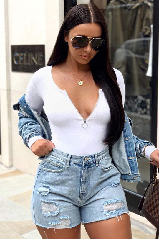 White Ribbed Ring Zip Bodysuit - Odessie
