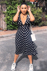 Black Polka Dot Button Front Midi Dress - Prima