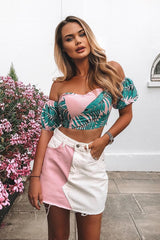 Pink White Colour Block Denim Skirt - Runa