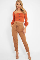 Rust Button Front Puff Sleeve Crop Top - Analiese