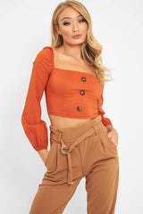Rust Button Front Puff Sleeve Crop Top - Analiese