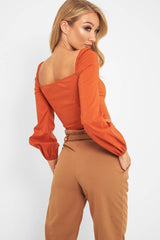 Rust Button Front Puff Sleeve Crop Top - Analiese
