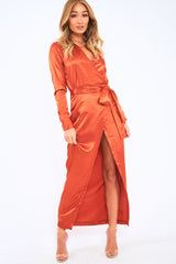Rust Satin Plunge Wrap Front Maxi Dress - Beni
