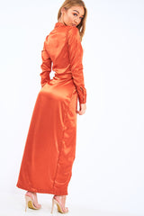 Rust Satin Plunge Wrap Front Maxi Dress - Beni