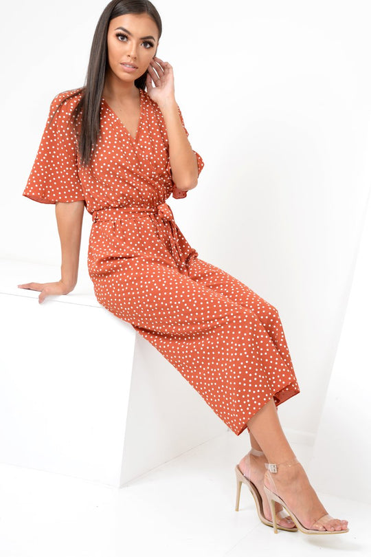 Rust Polka Dot Wrap Culotte Jumpsuit -Juni