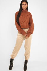 Rust Cable Knit Sleeve Detail Jumper - Miyonna