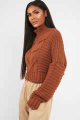 Rust Cable Knit Sleeve Detail Jumper - Miyonna