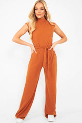 Rust Ribbed High Neck Wide Leg Belted Jumpsuit - Rayden