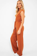 Rust Ribbed High Neck Wide Leg Belted Jumpsuit - Rayden