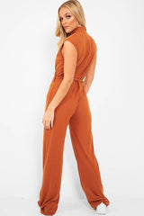 Rust Ribbed High Neck Wide Leg Belted Jumpsuit - Rayden