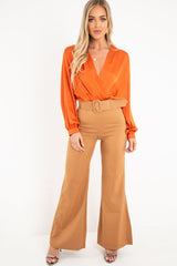 Rust Chiffon Plunge Blouson Sleeve Bodysuit - Liah