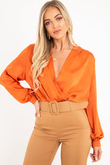 Rust Chiffon Plunge Blouson Sleeve Bodysuit - Liah