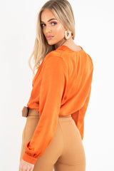 Rust Chiffon Plunge Blouson Sleeve Bodysuit - Liah