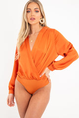 Rust Chiffon Plunge Blouson Sleeve Bodysuit - Liah