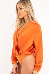 Rust Chiffon Plunge Blouson Sleeve Bodysuit - Liah