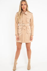Camel Utility Belted Zip Front Shirt Dress - Meliyah