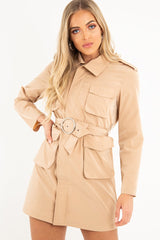Camel Utility Belted Zip Front Shirt Dress - Meliyah