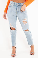 Light Wash Extreme Front Rip Mom Jeans - Miko