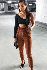 Rust Corduroy Belted Tapered Trousers - Janelle