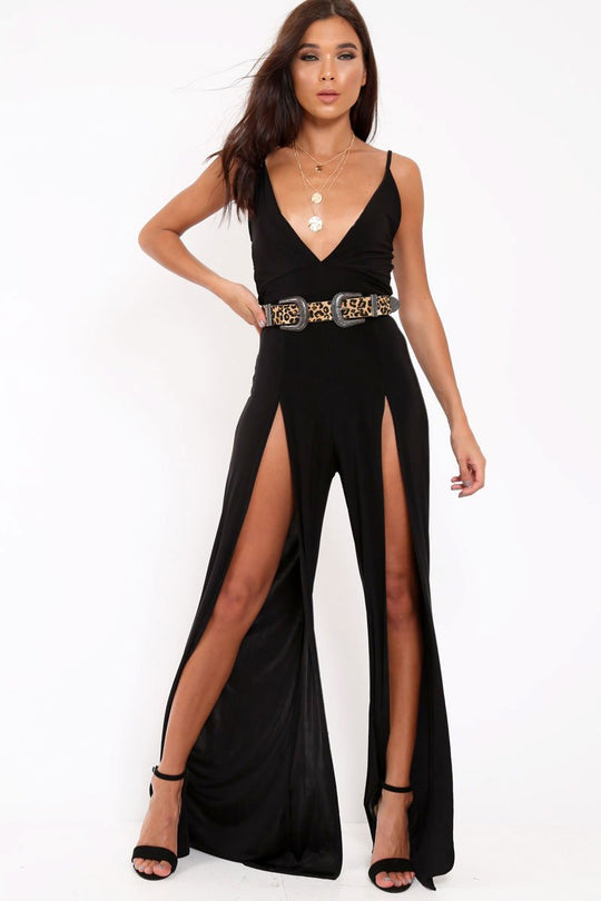 Black Slinky Plunge Front split leg Jumpsuit - Rutha