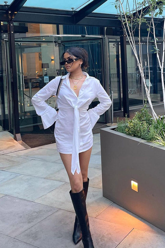 White Plunge Knot Detail Shirt Dress - Marlie