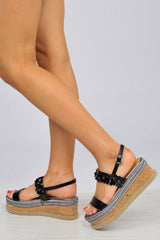 Black Flower Flatform Ankle Strap Sandals - Rylen