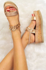 Rose Gold Flower Flatform Ankle Strap Sandals - Rylen